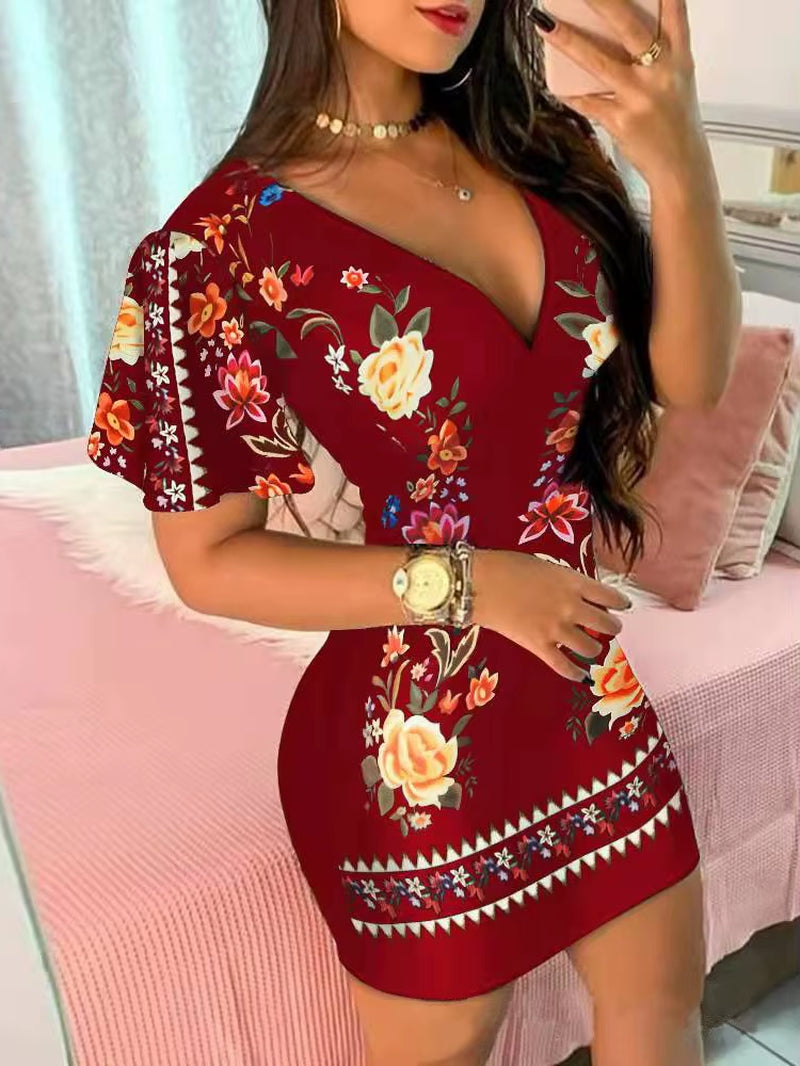 Summer Elegant Floral Print Bodycon Mini Dress | Fashion Sexy Deep V-Neck Party Dress